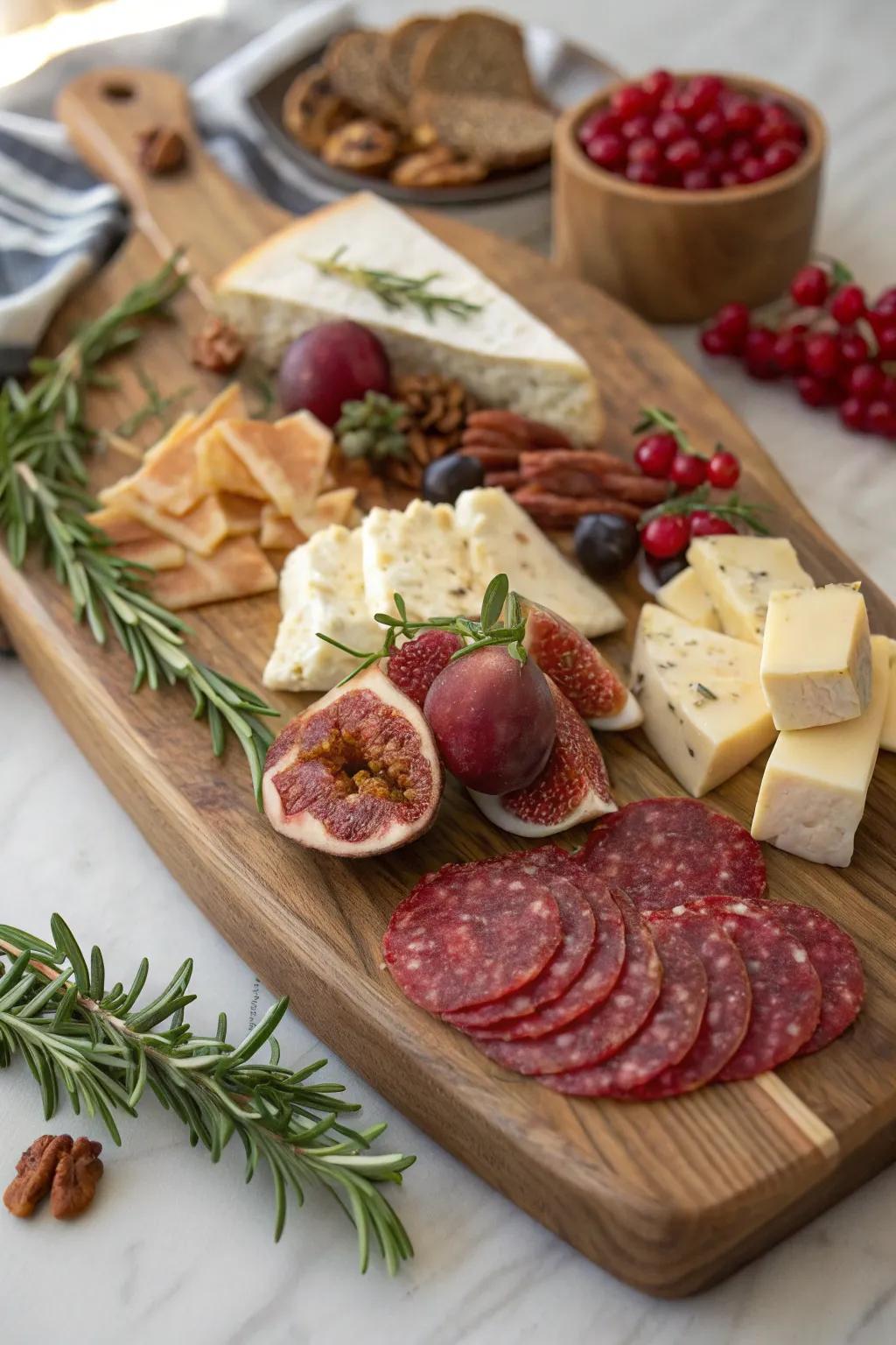 Elevate your celebratory gatherings with a Yuletide-themed charcuterie board that blends celebratory charm and artisan elegance.