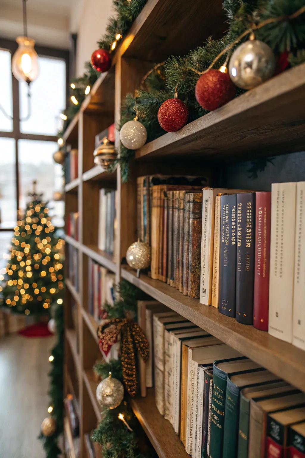 Bookshelves transitioned into festive holiday showcases.