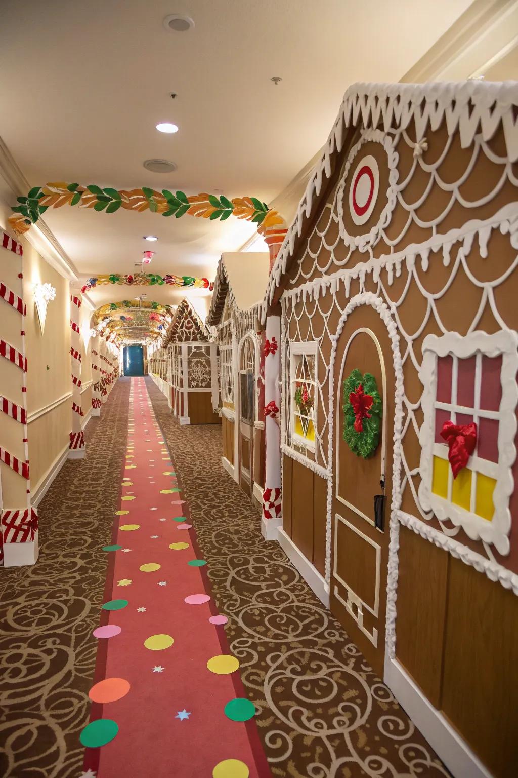 Revel in the warmth of a gingerbread abode-themed corridor.