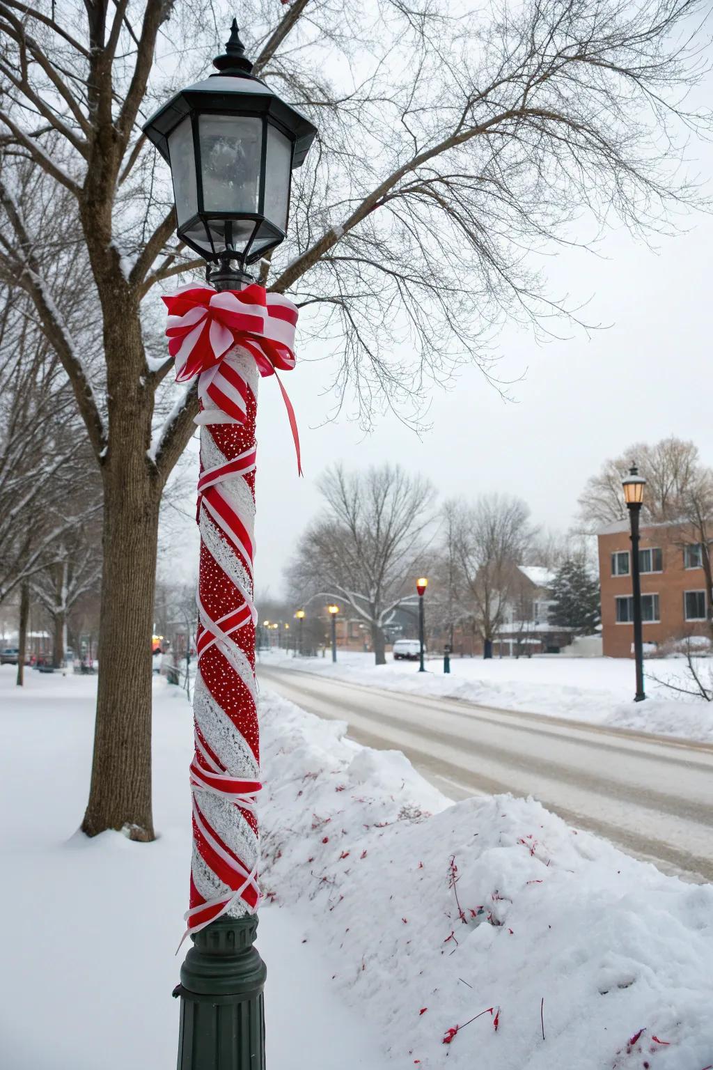 Candy cane stripes contribute a sweet aspect to a lamp post.