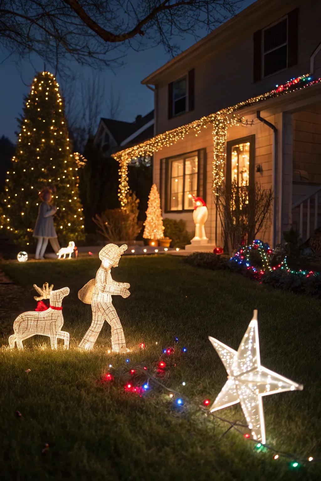 Light-up figures and stars creating a whimsical Christmas garden scene.
