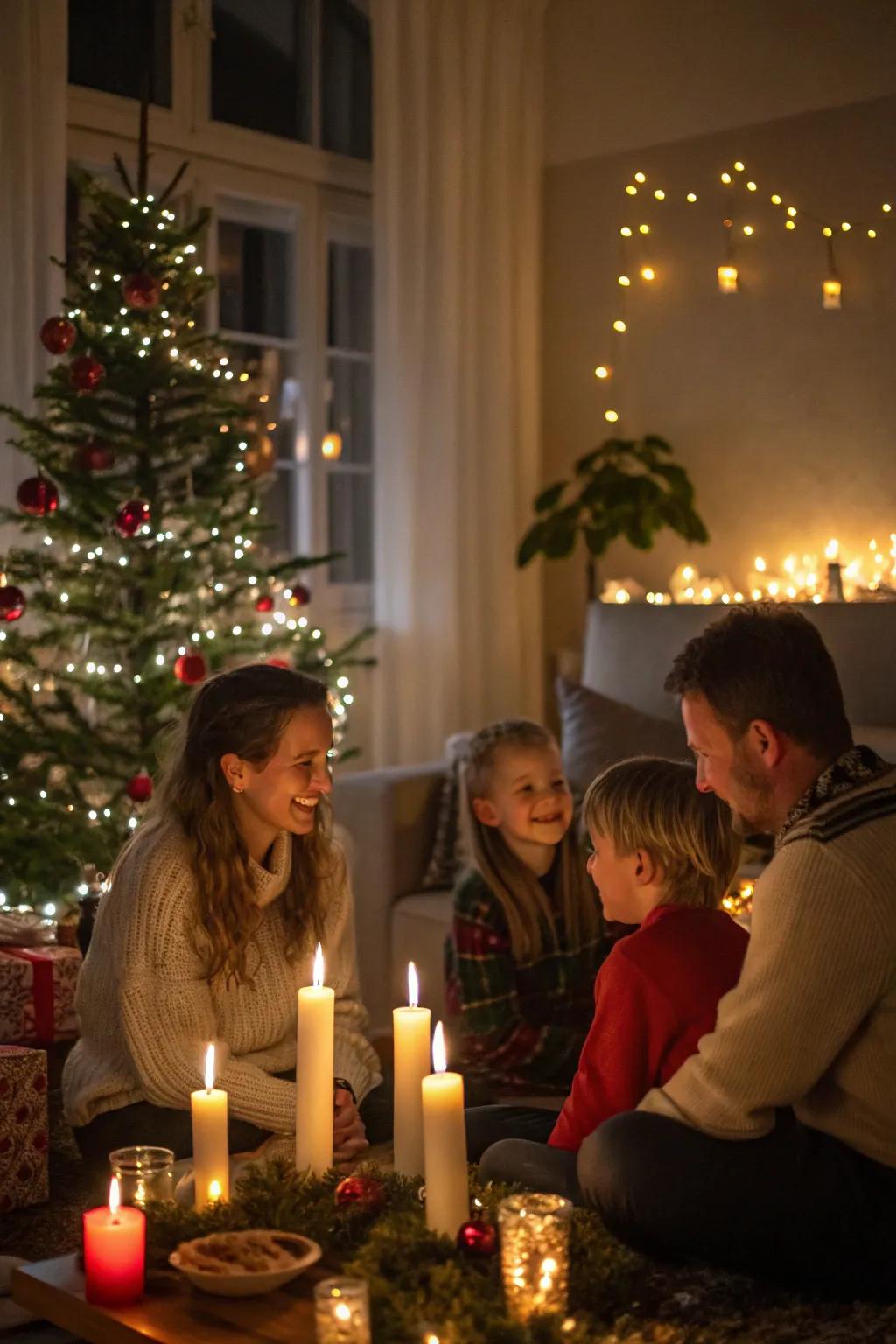 A family enjoying a serene moment in a candlelit room, encircled by Christmas decorations.