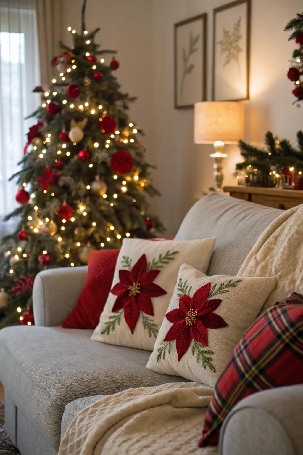 Felted holiday blooms conveying natural refinement to the ornamental arrangement.
