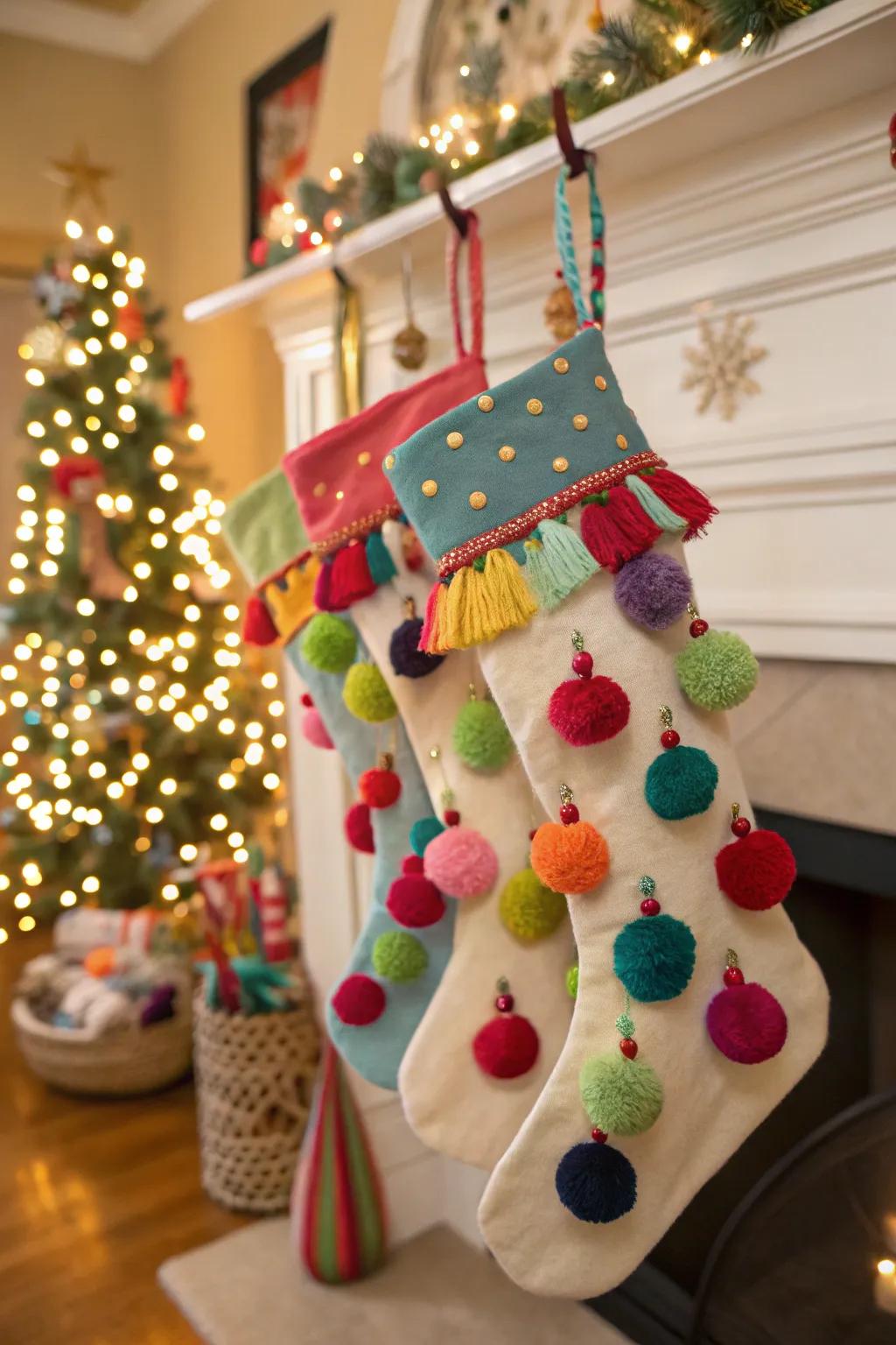 Pompoms and tassels add a playful and cheerful touch to stockings.