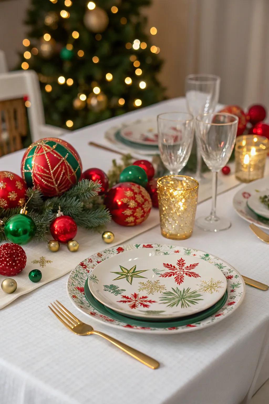 Baubles inject pigment and whimsy to the festive table.