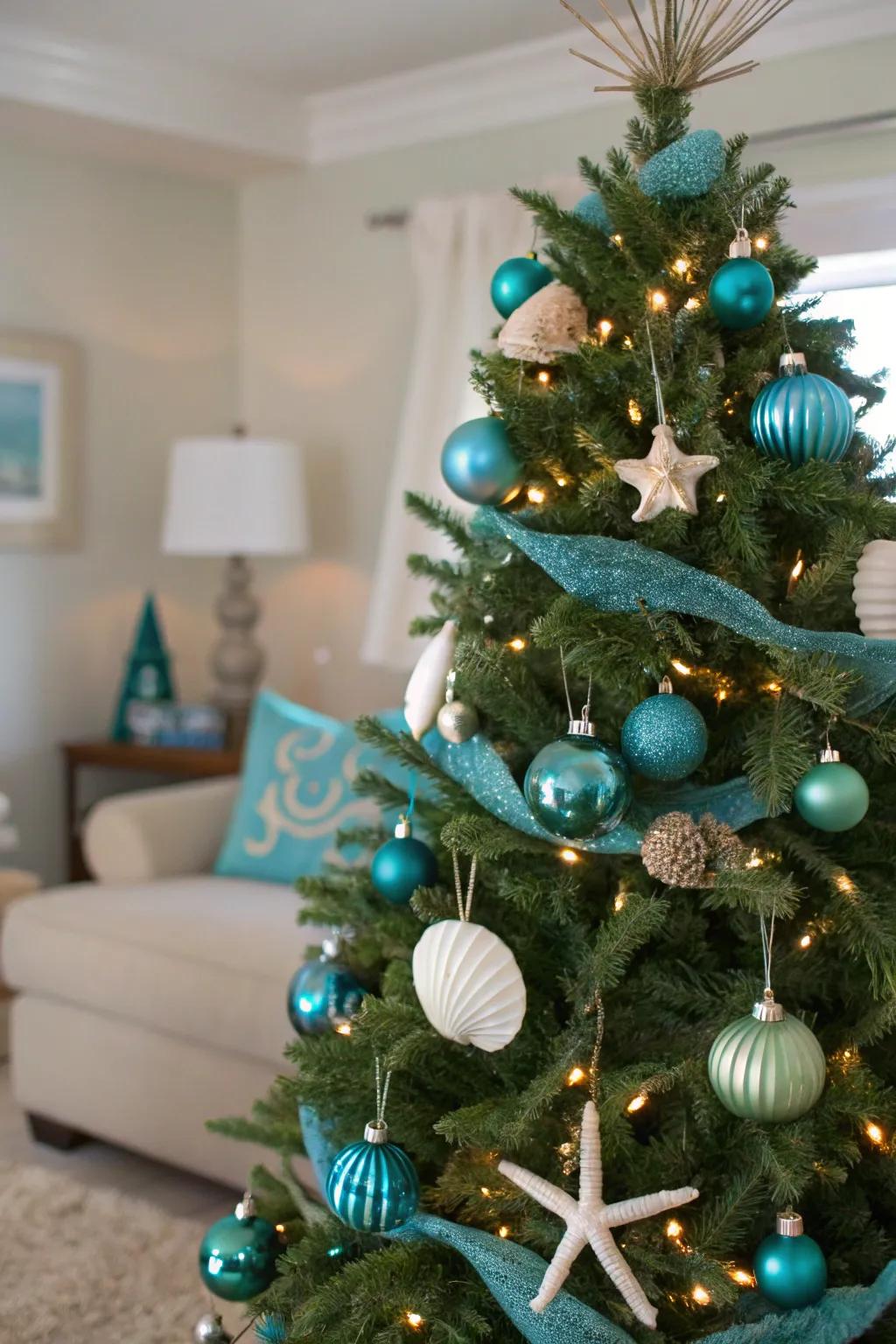 A seaside-inspired Christmas tree channeling the seaside abode.