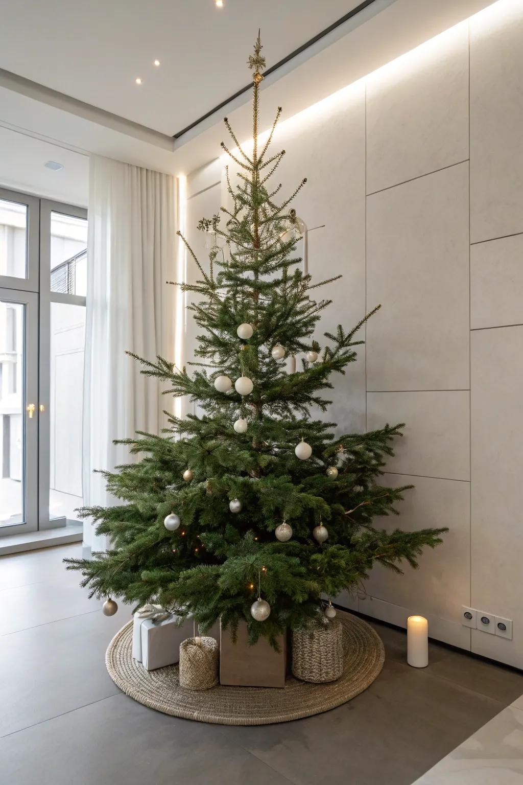 Minimalist chic offers an uncomplicated yet stylish Christmas tree theme.