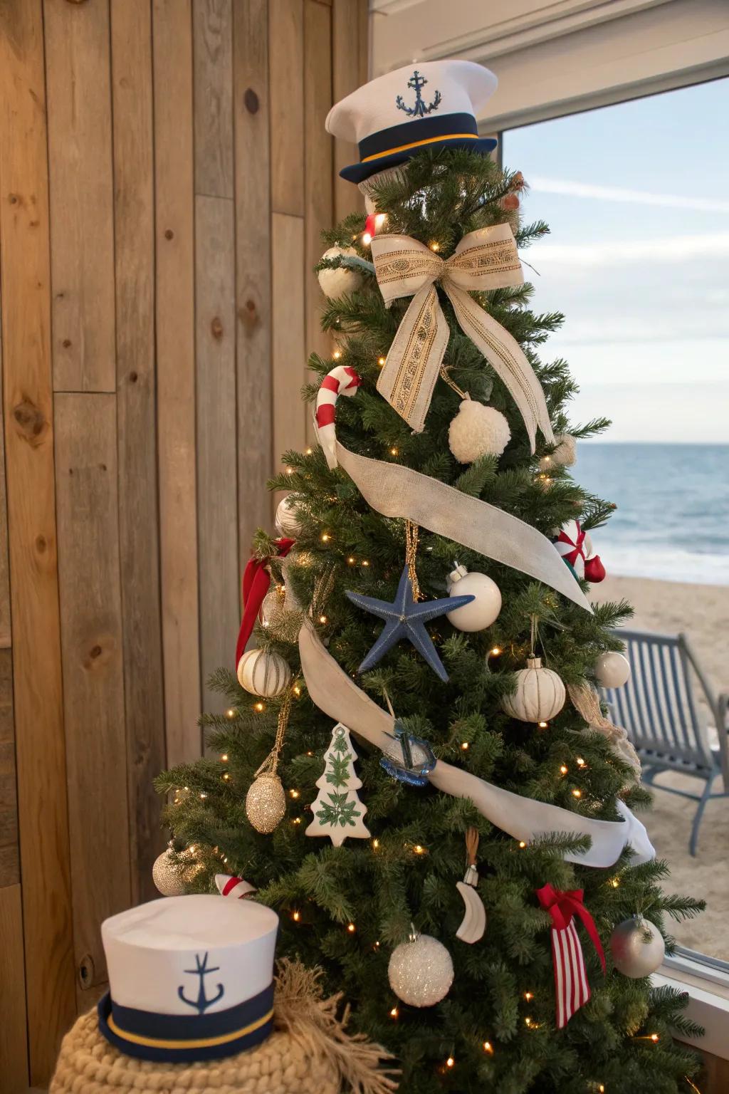 A Christmas tree with a nautical theme, showcasing wraps and baubles that evoke the sea.