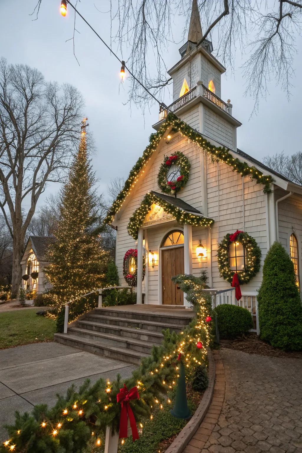Church adorned with periodic wreaths and garlands.