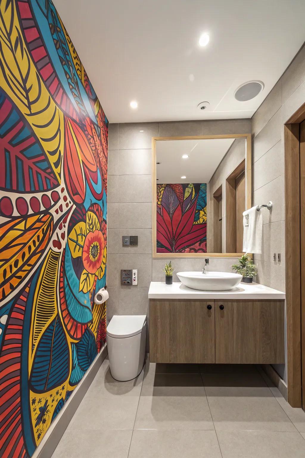 A bathroom enhanced by bold abstract art that creates a striking visual impact.