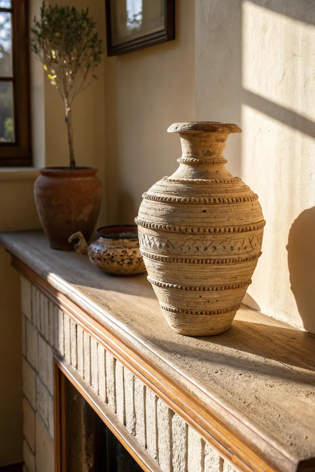 An earthenware vase with tiered textures producing depth and visual intrigue.