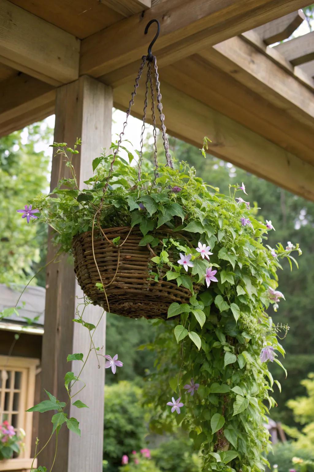 A hanging pot climbing support offers a special way to display falling clematis.