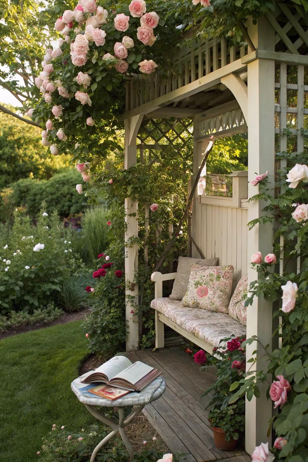 Discover tranquility within a rose-clad garden alcove.