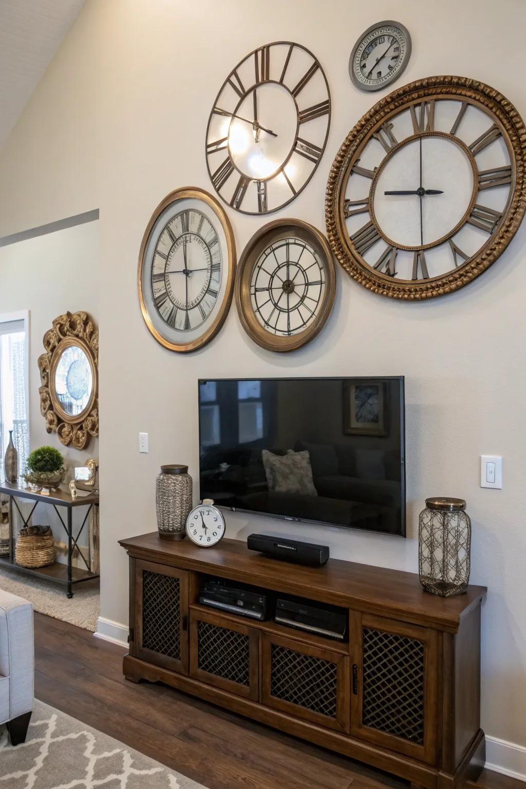 Mirrors matched with a clock fashion depth and refinement over the television.