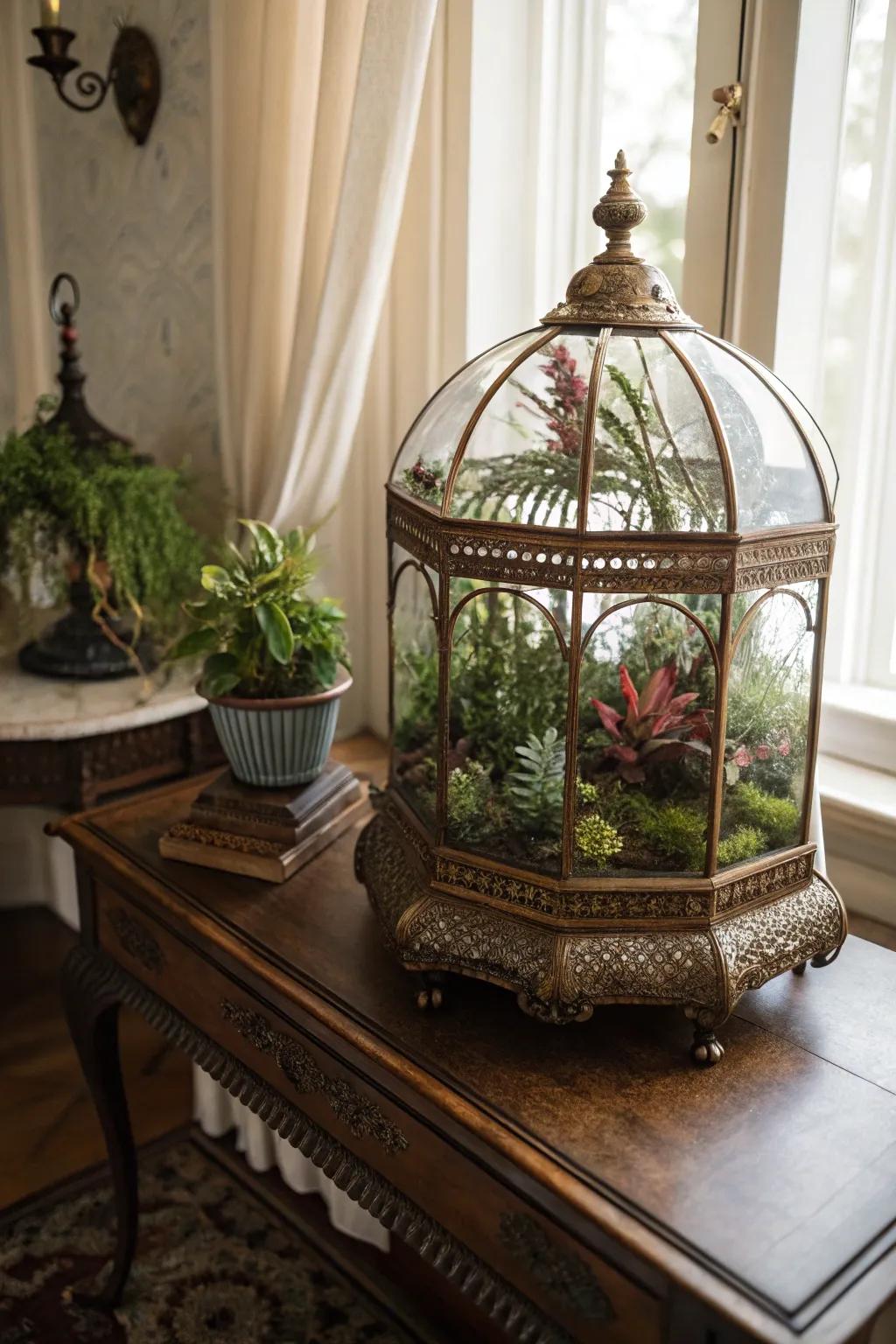 An ornate conservatory scene terrarium bestowing a touch of elegance.