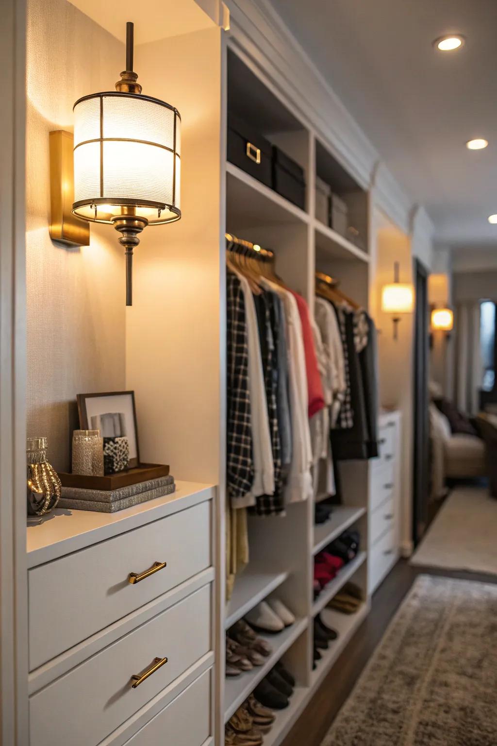 Wall sconces bring ambient lighting and charm to your closet space.