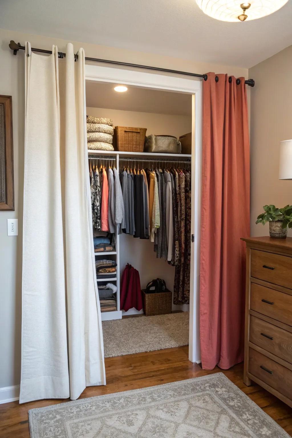 Curtains replace doors for an open and airy closet.