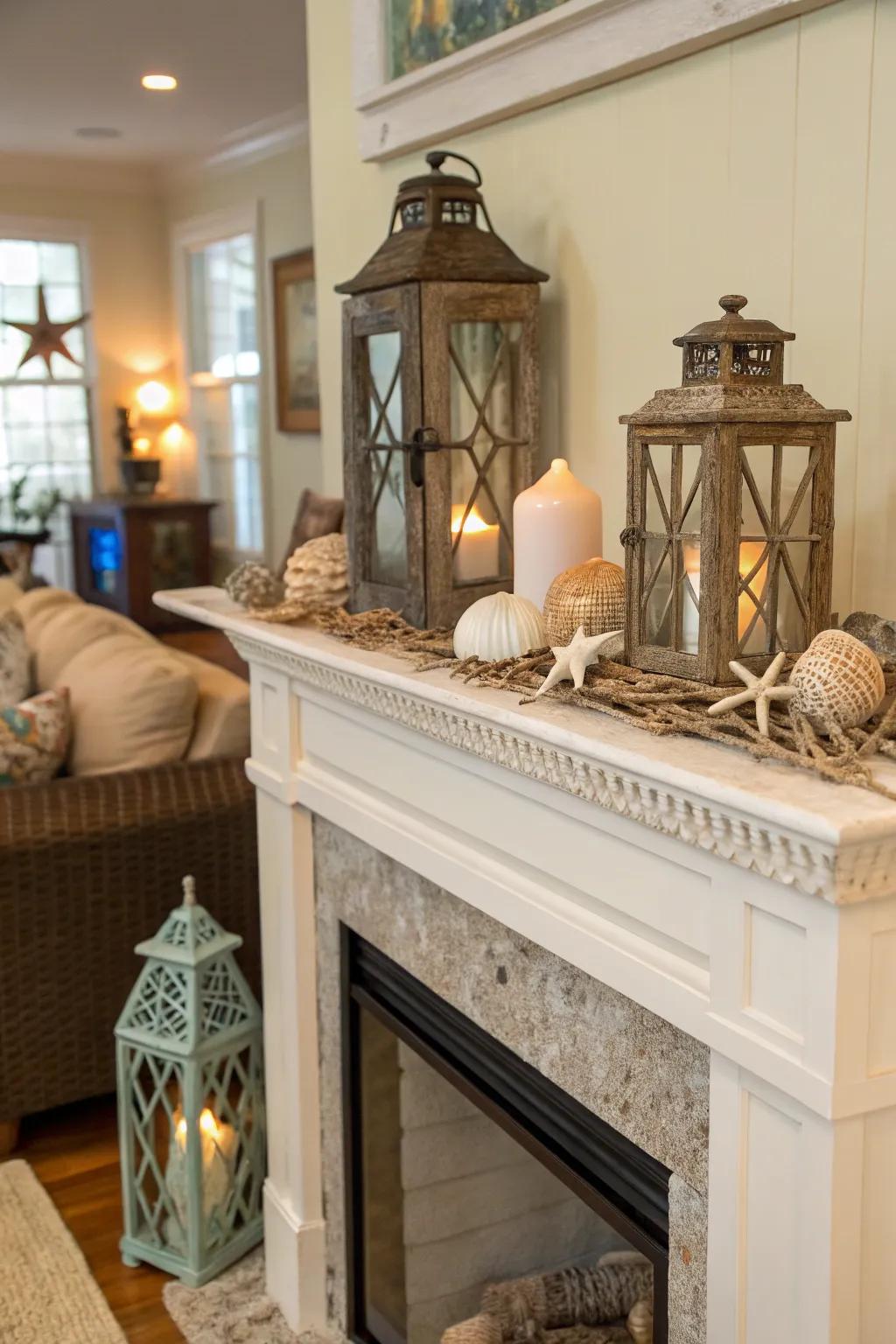 A well-decorated mantel elevates the fireplace as a key feature.
