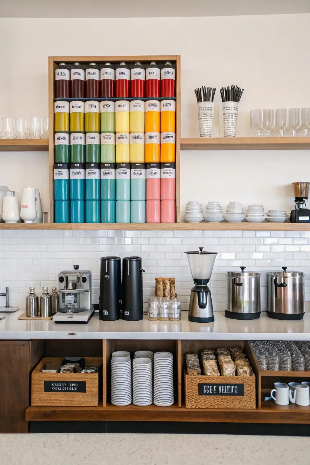 An organized coffee bar with a variety of coffee products.