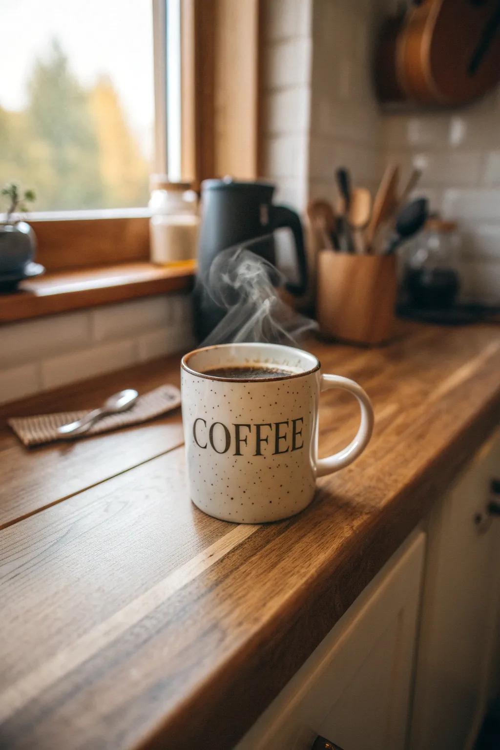 Coffee mugs with jokes for caffeine lovers.