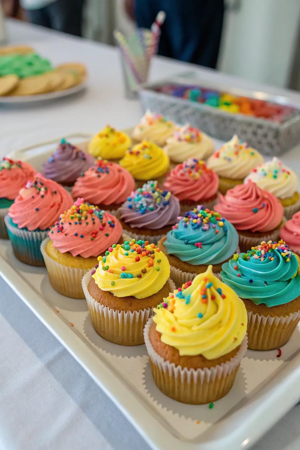 A delightful array of chromatic cupcakes.