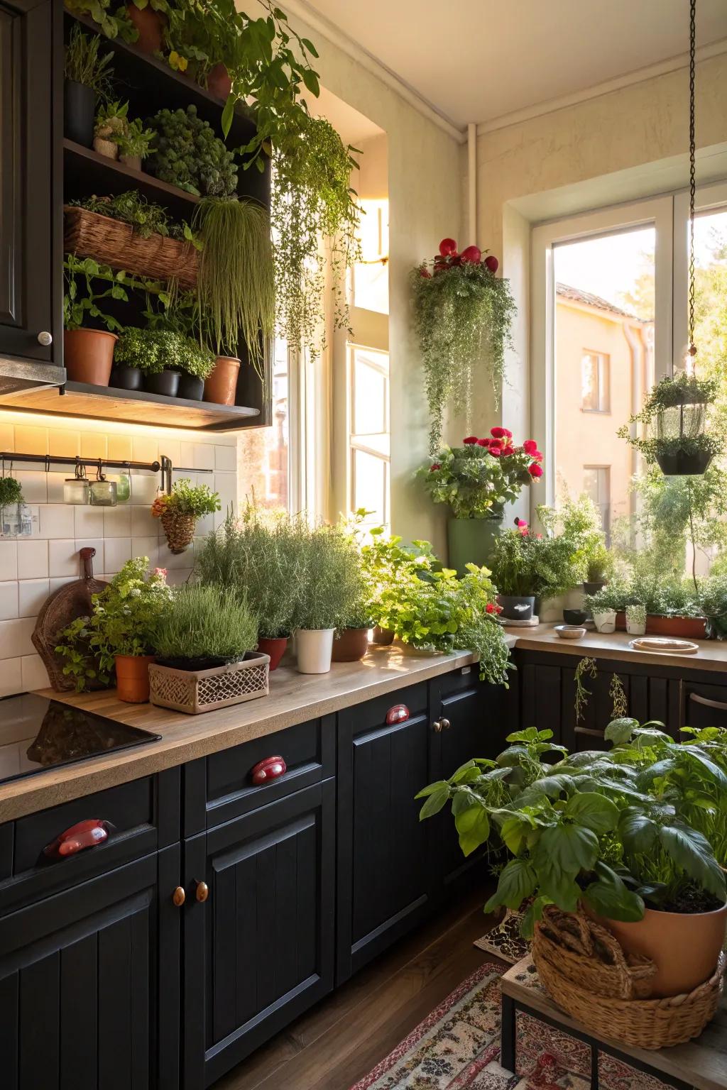 Dark cabinets complemented by bright greenery for a fresh and lively kitchen.