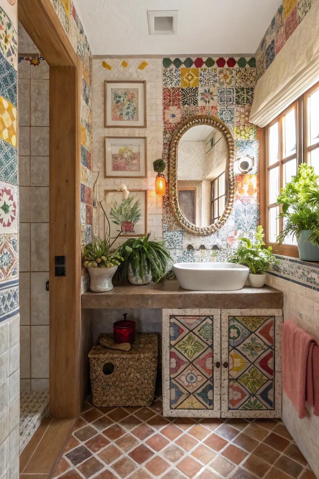 Textured tiles add depth to this colorful guest bathroom.