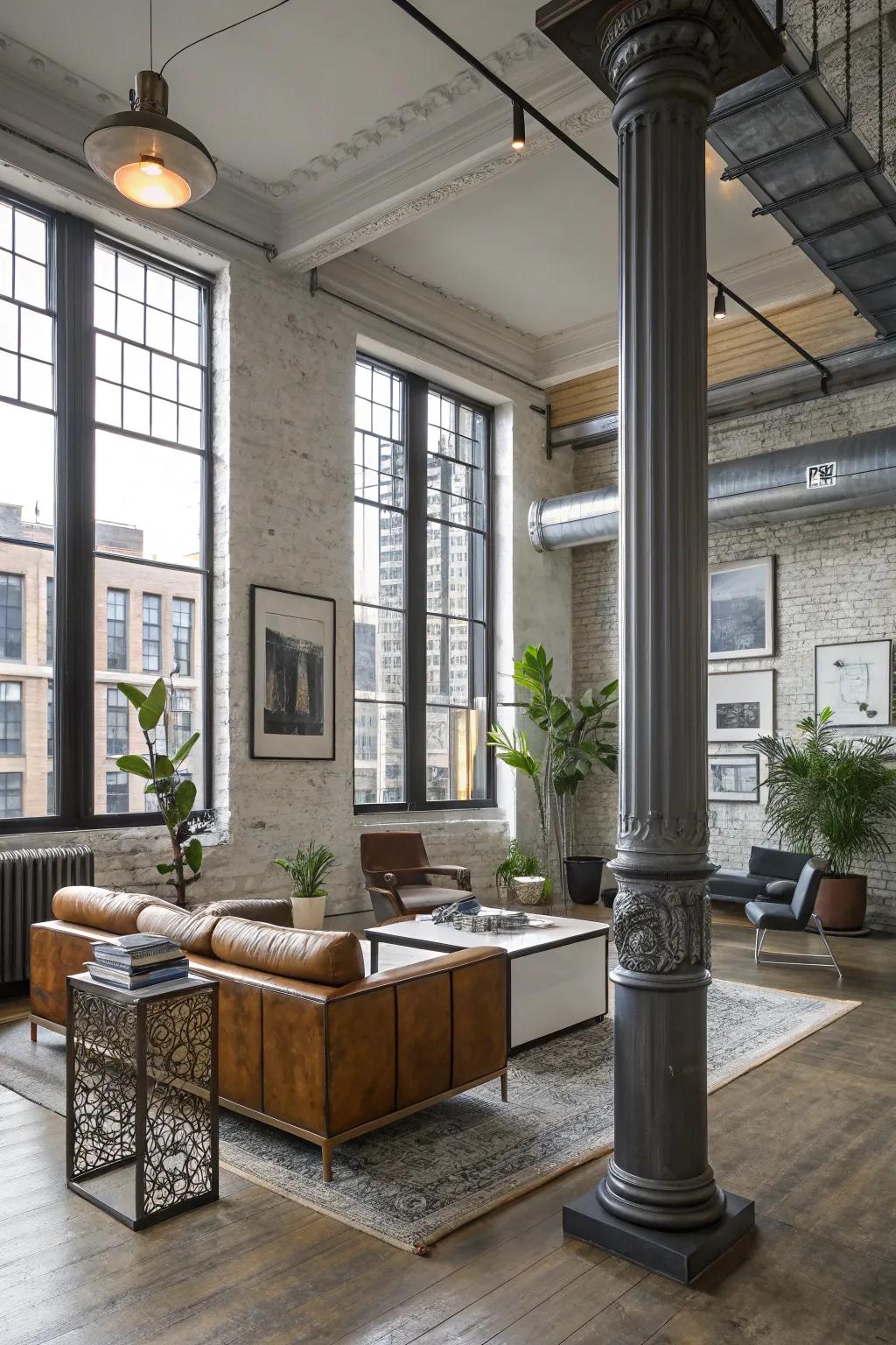 Metal columns add a sleek, modern touch to an industrial-chic living space.
