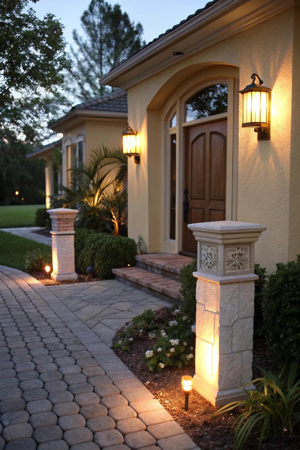 Greet guests with warmly lit entry columns.