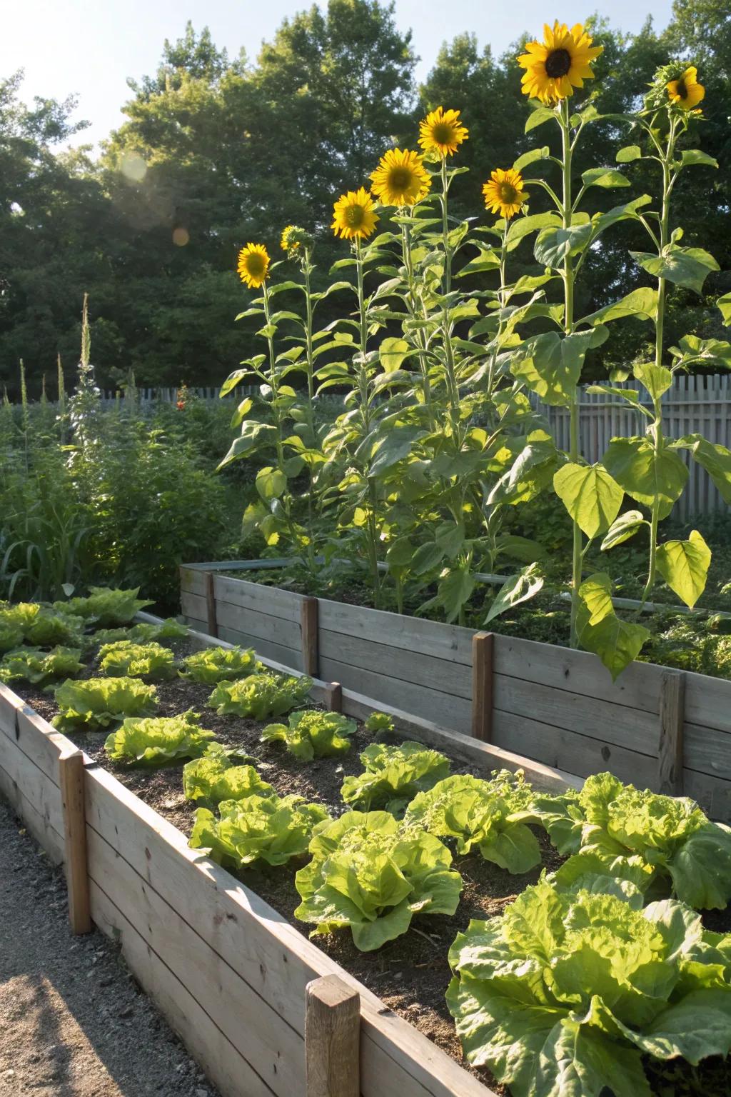 Tall flowers provide natural shade, benefiting fragile salad leaf shoots.