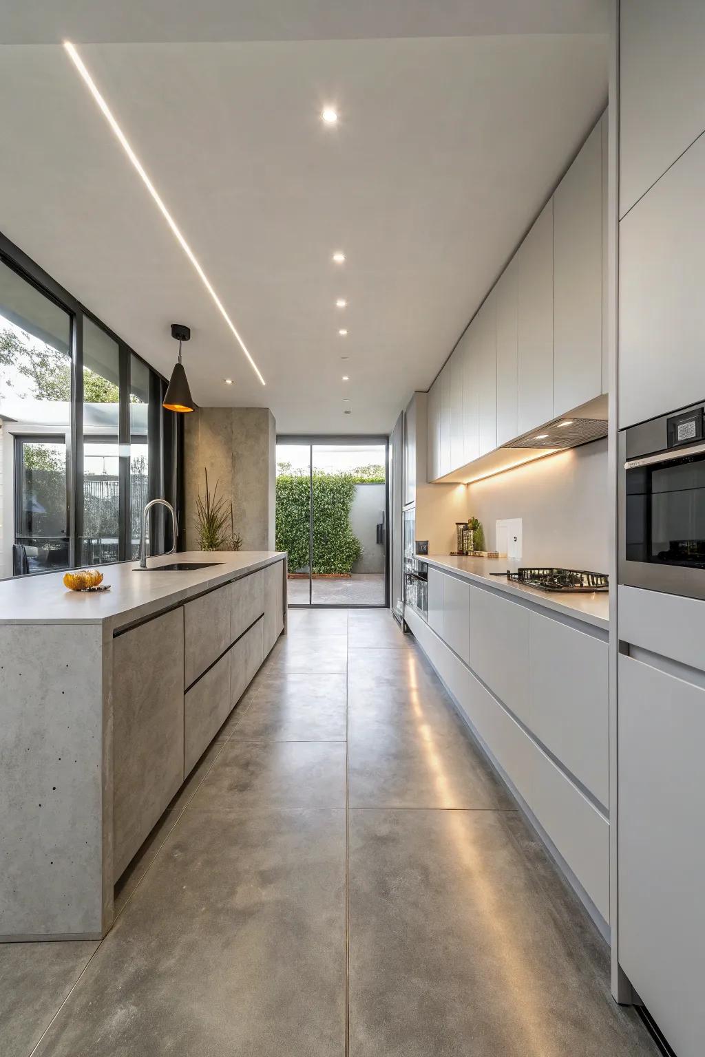 Concrete flooring providing a sleek foundation in a contemporary kitchen.