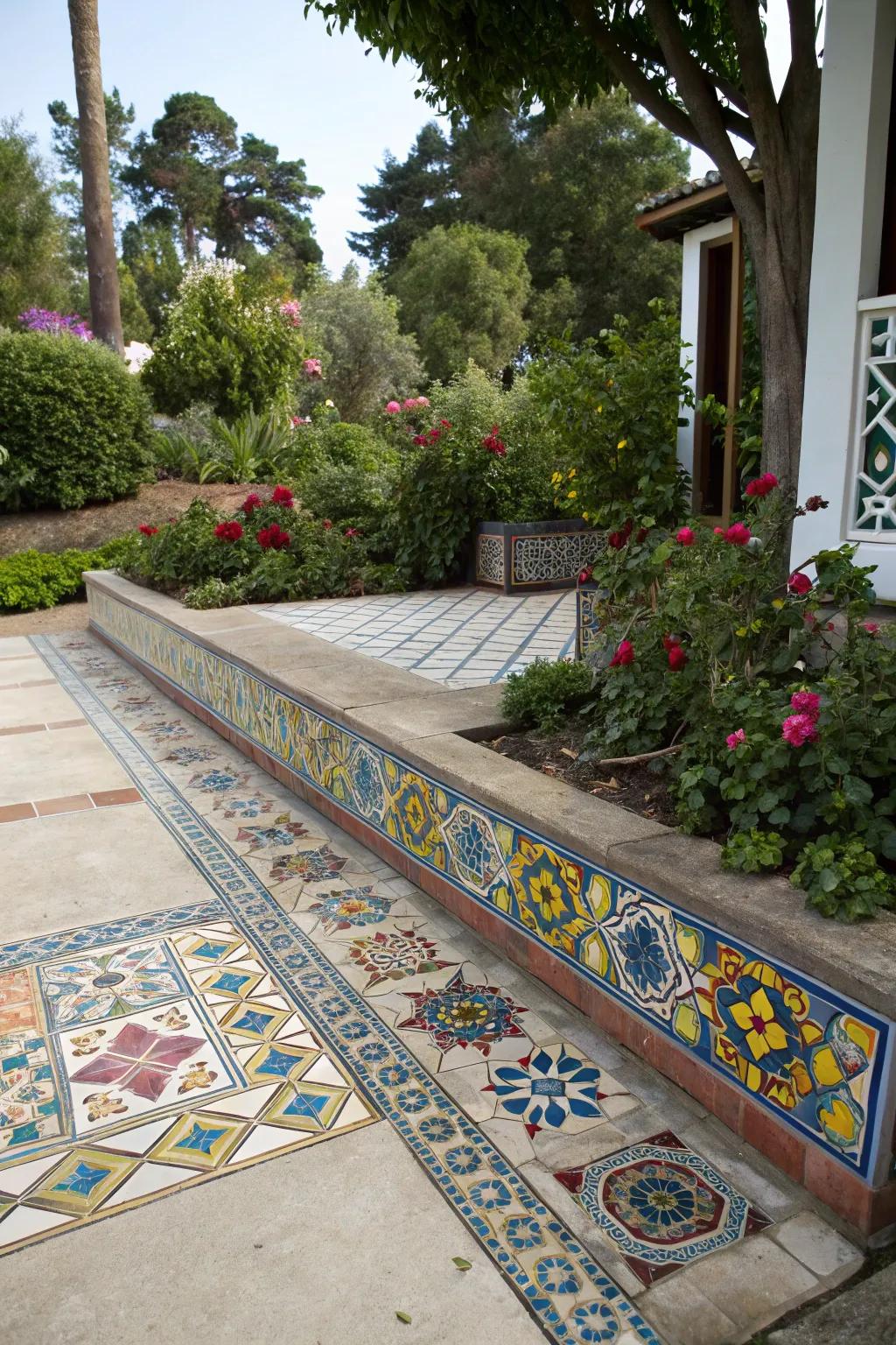 Mosaic tiles infuse color and artistic expression into patio borders.
