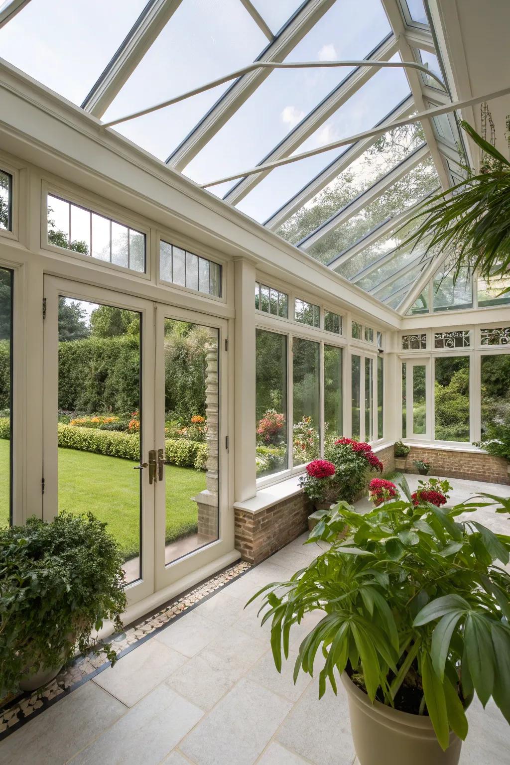 A modern sunroom with innovative pane expansions.