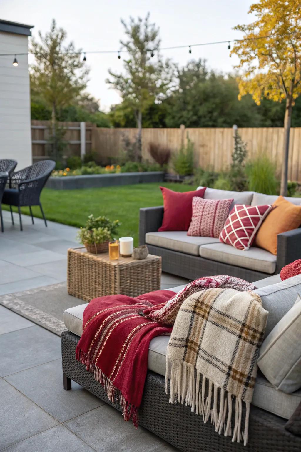 Welcoming textures with soft cushions and throws create an inviting patio.