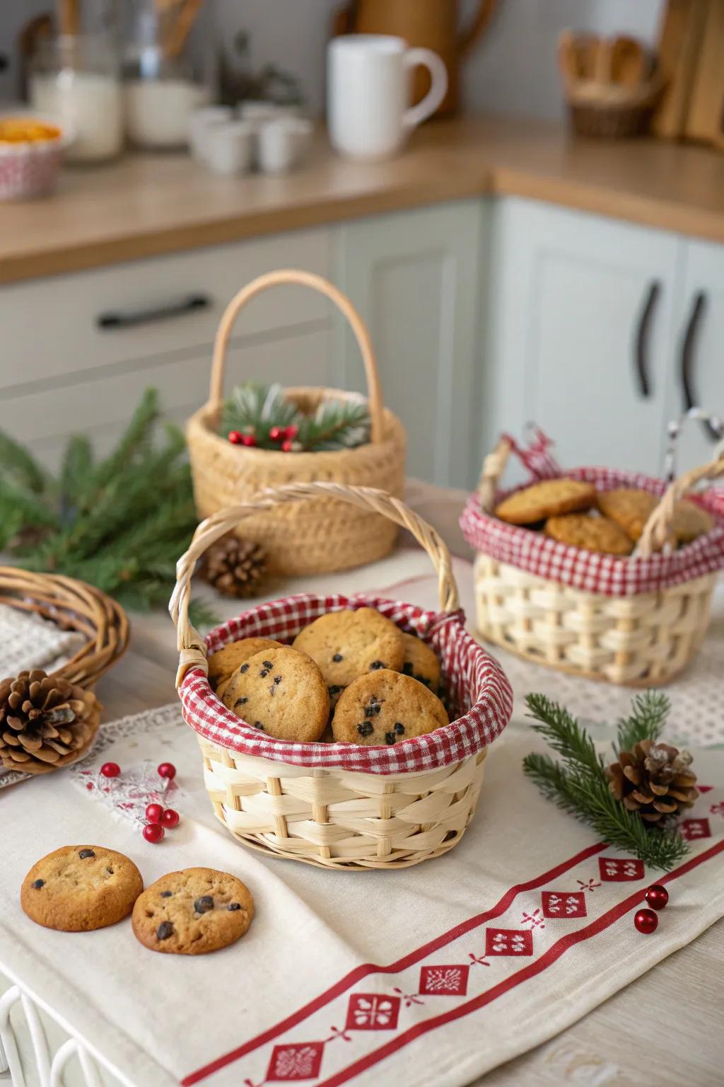 Mini rattan baskets offer a charming, homey wrapping option.