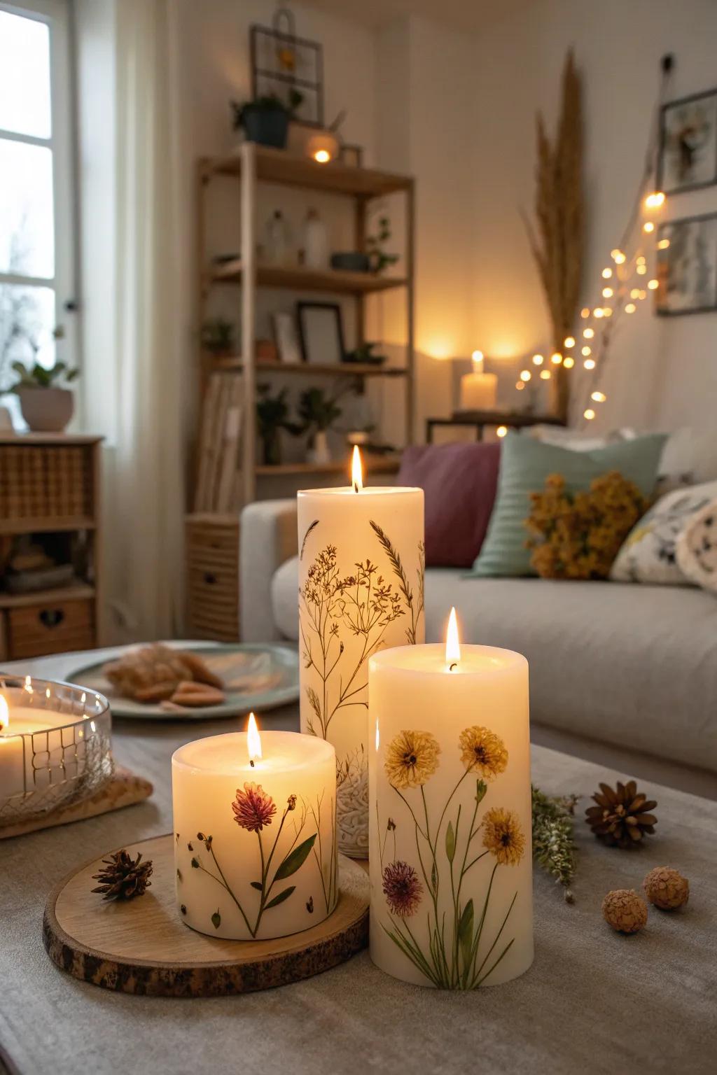 Candles showcasing dehydrated blooms usher the essence of nature indoors.