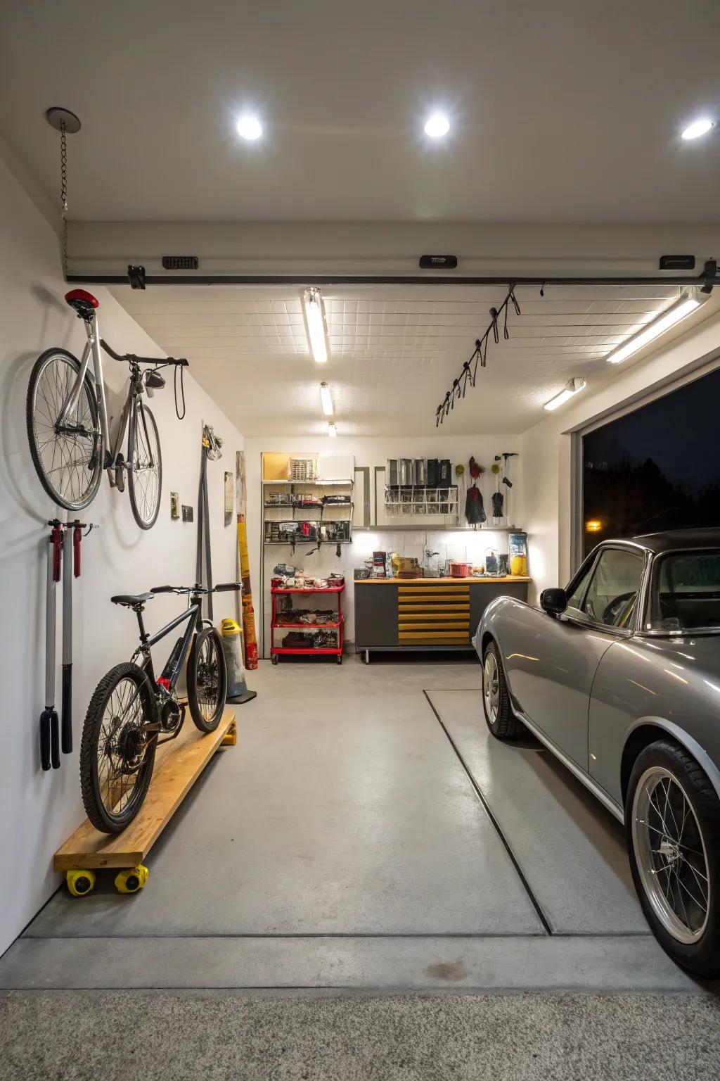 A well-lit garage with dynamic and focused illumination.