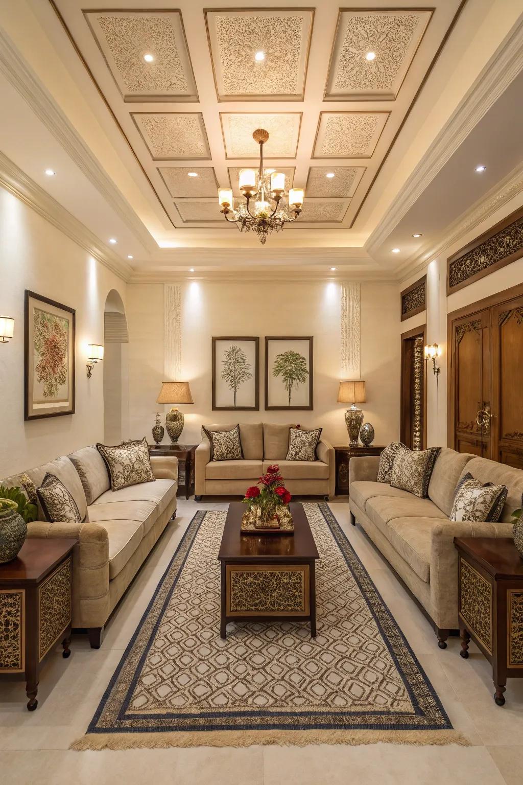 Symmetry in furniture arrangement ushers in concord and equilibrium to this living expanse.