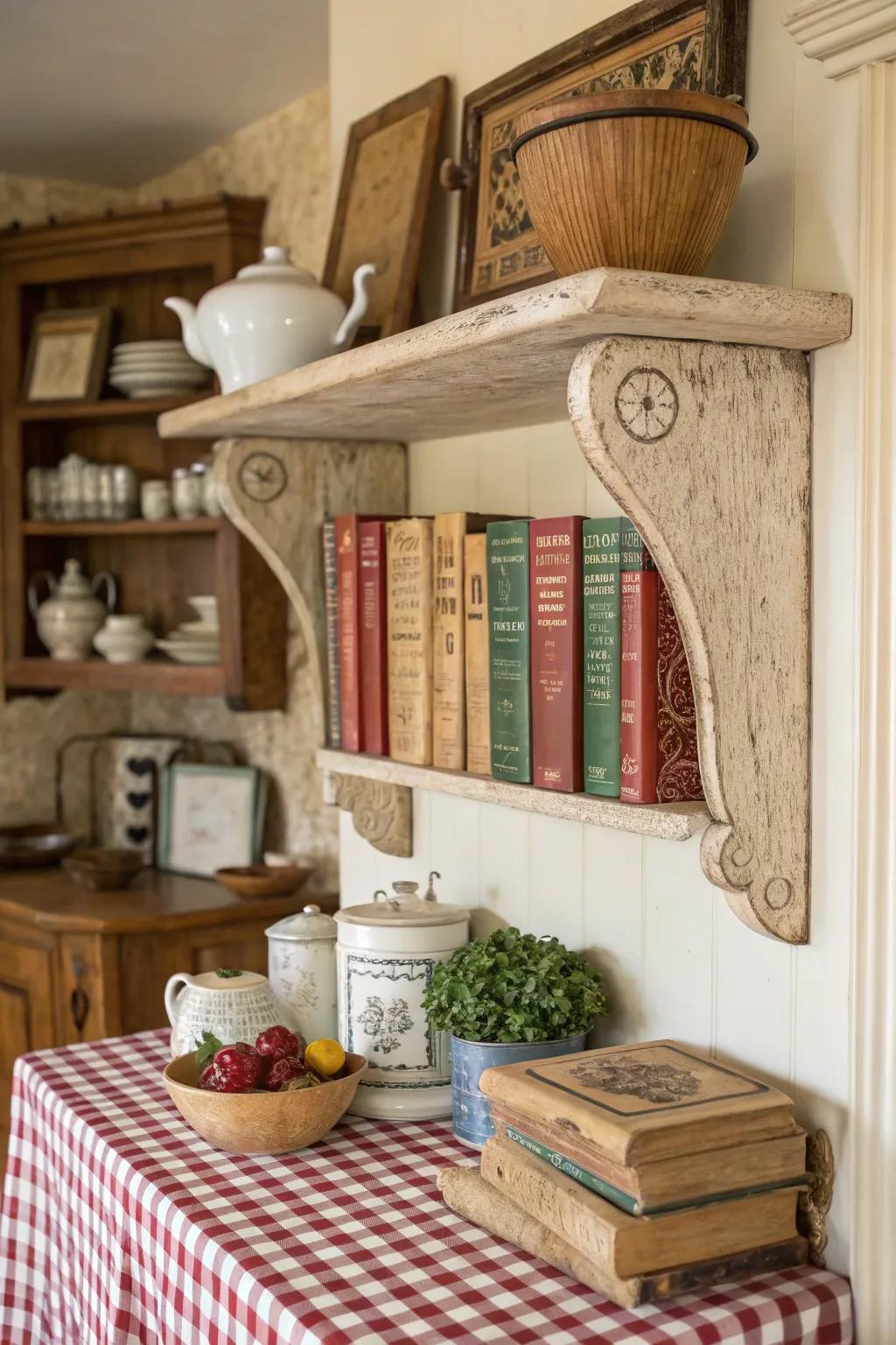 Antique brackets contribute past times to a cooking area corner.