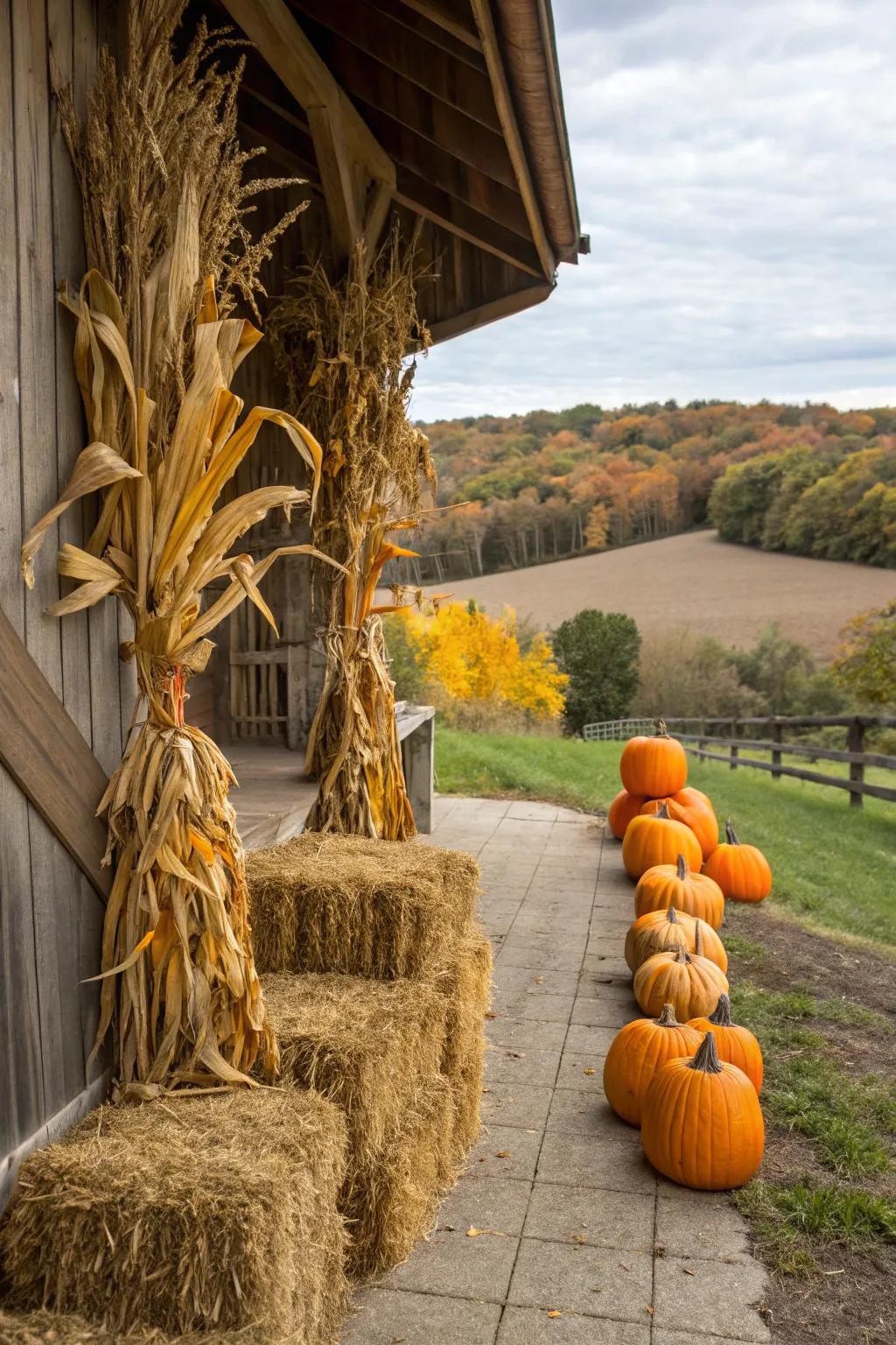 Transform a farm building or shed into an autumn masterpiece with corn stalks.
