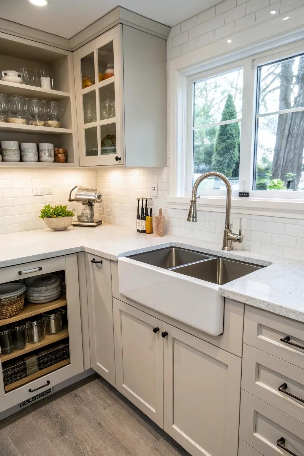 A corner sink set in a tucked-away nook, keeping the kitchen space neat and tidy.