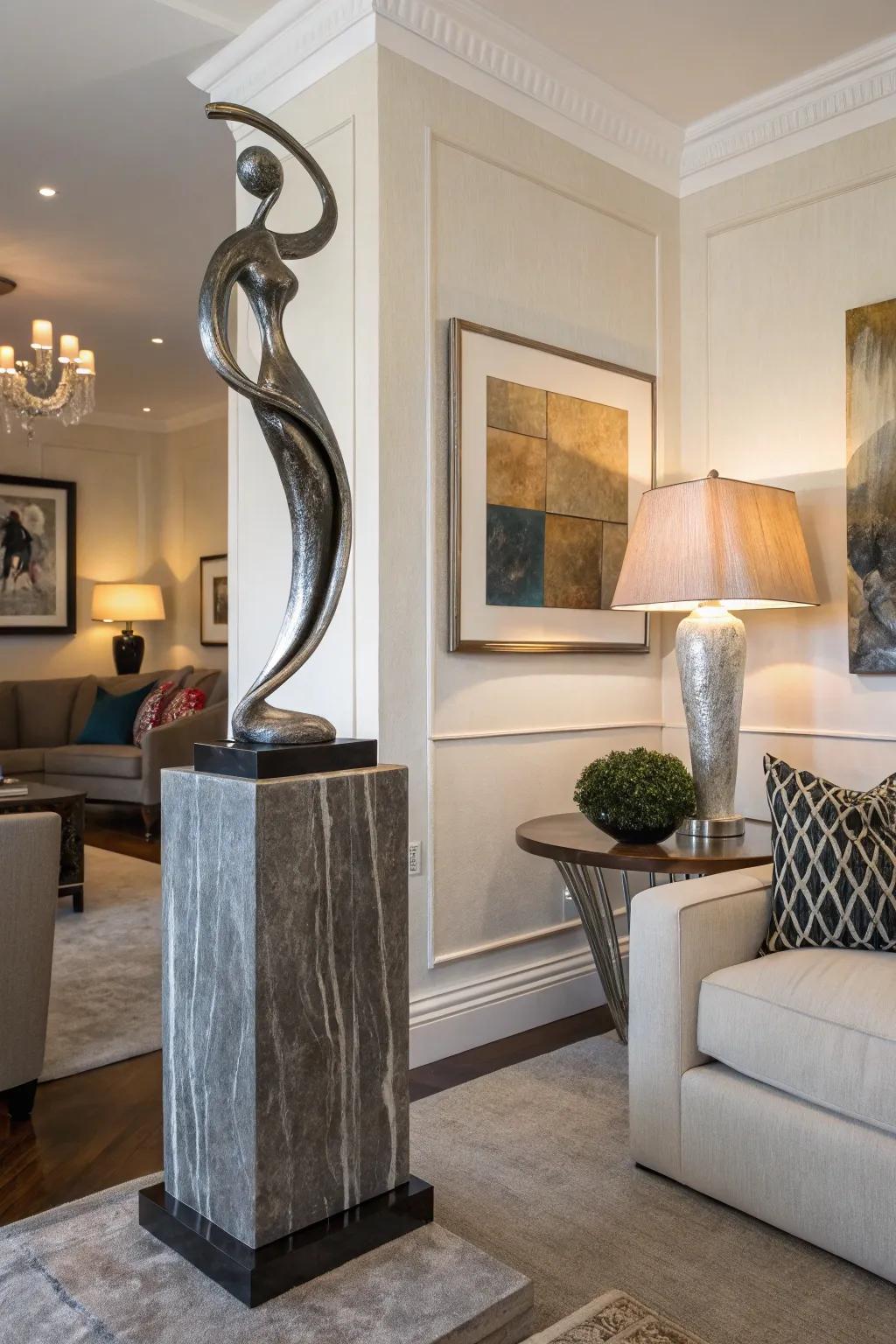 A striking sculpture adds artistry and intrigue to the corner.