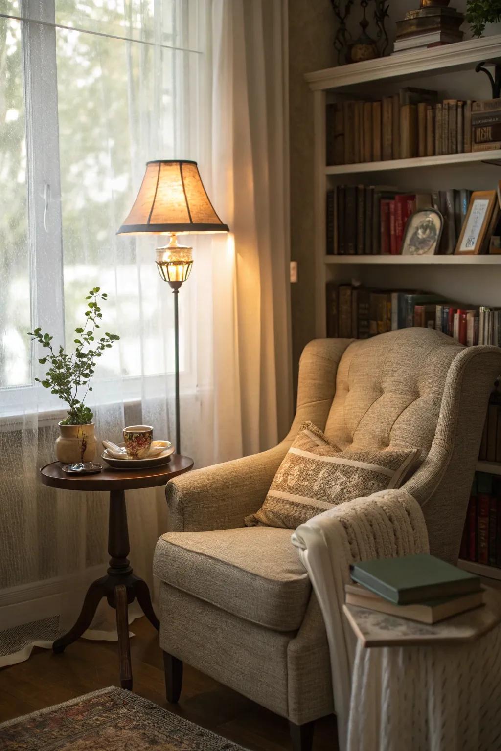 The ideal reading nook entices relaxation in the cottage living room.