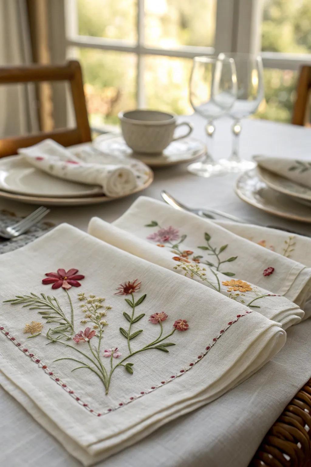 Adorned linen cloths bring elegance to your table setting.