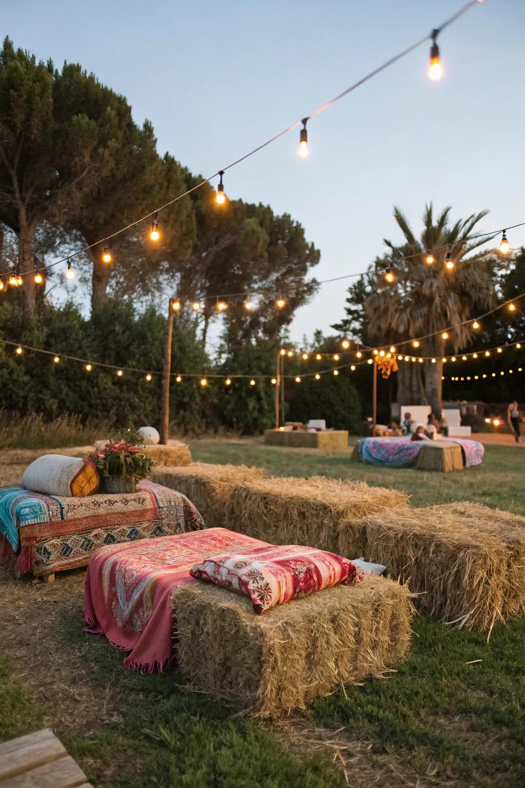 Hay bales offer countryside and functional seating intended for open-air occasions.