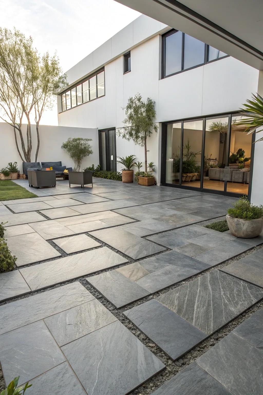 Opt for large-format tiles to achieve a sleek and modern courtyard.