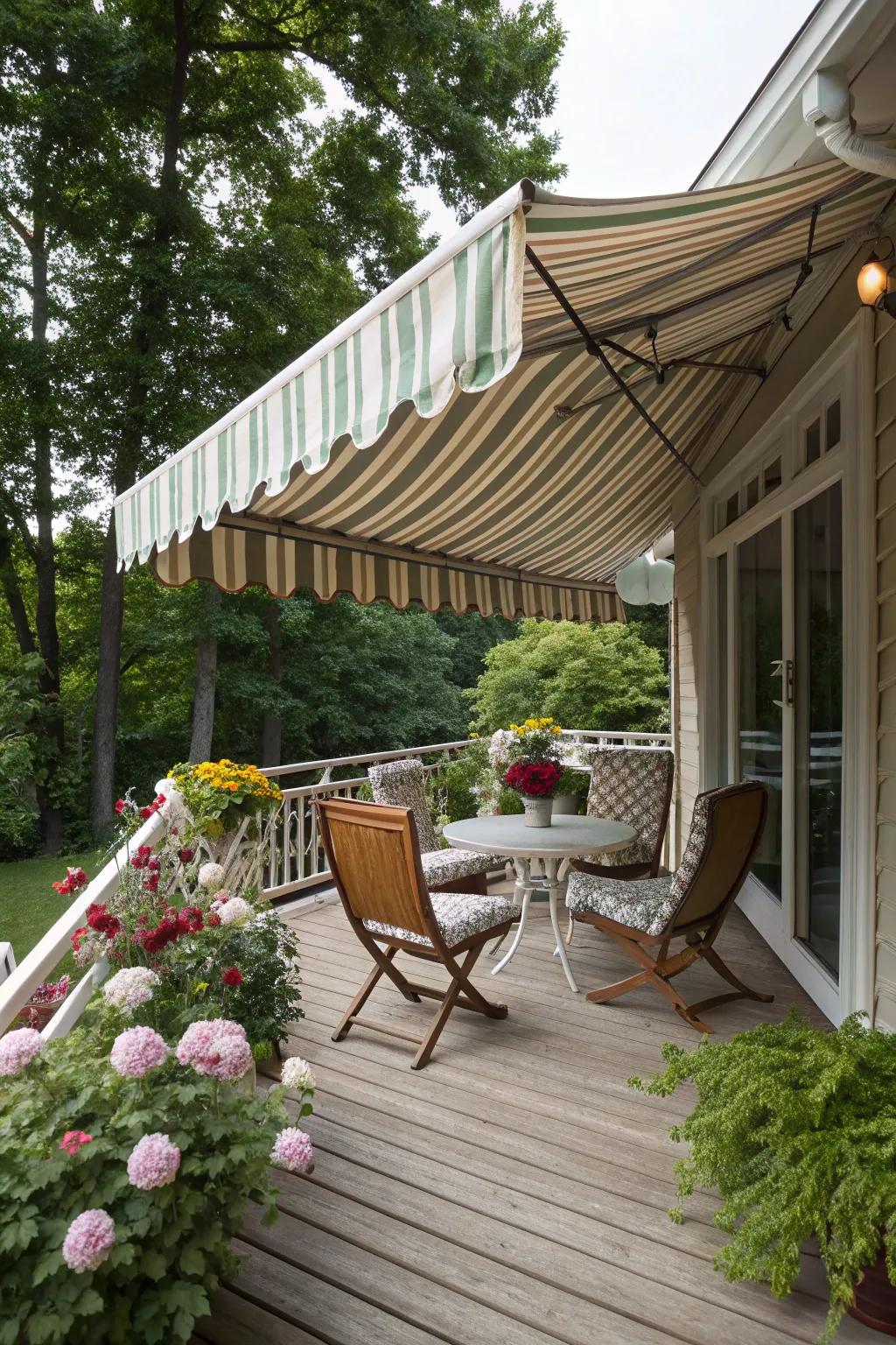 A captivating classic awning-covered deck for a nostalgic feel.