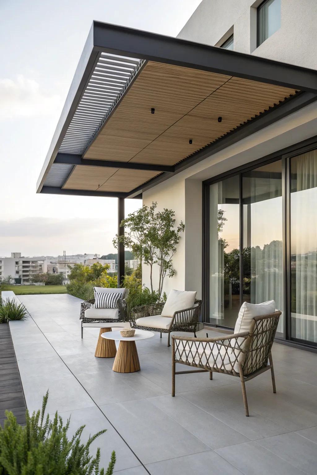 A contemporary overhang provides sleek defense.