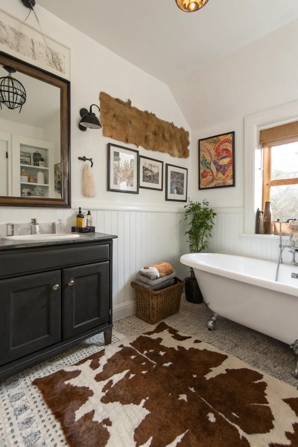 A diverse lavatory exhibiting hide wall aesthetic.