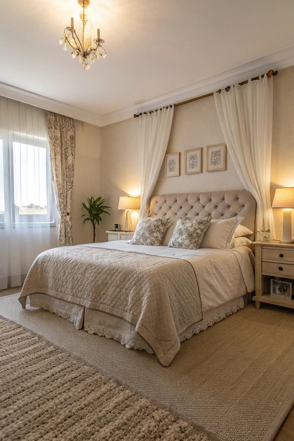 A bedroom featuring a restful oat carpet and relaxing décor.